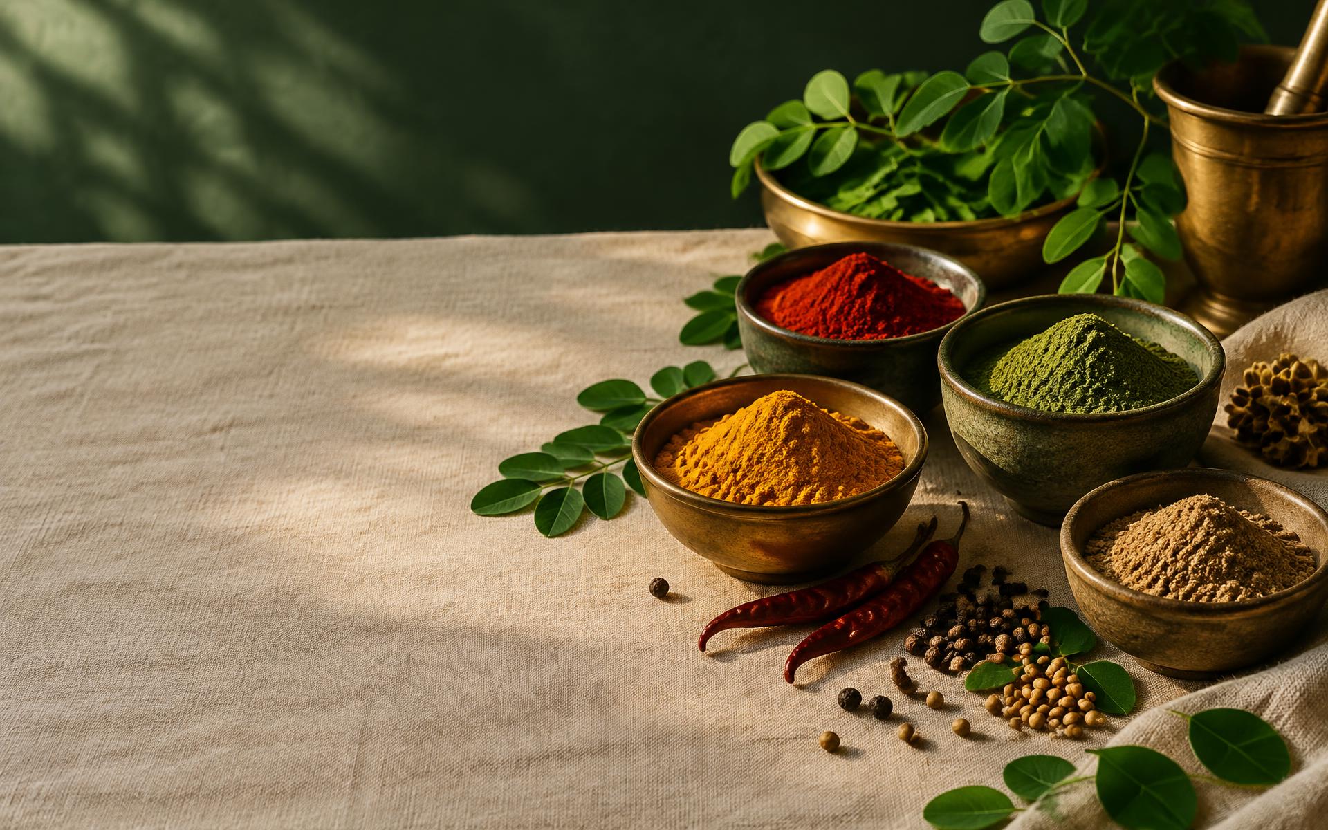 Indian spice powders arranged on a warm stone surface