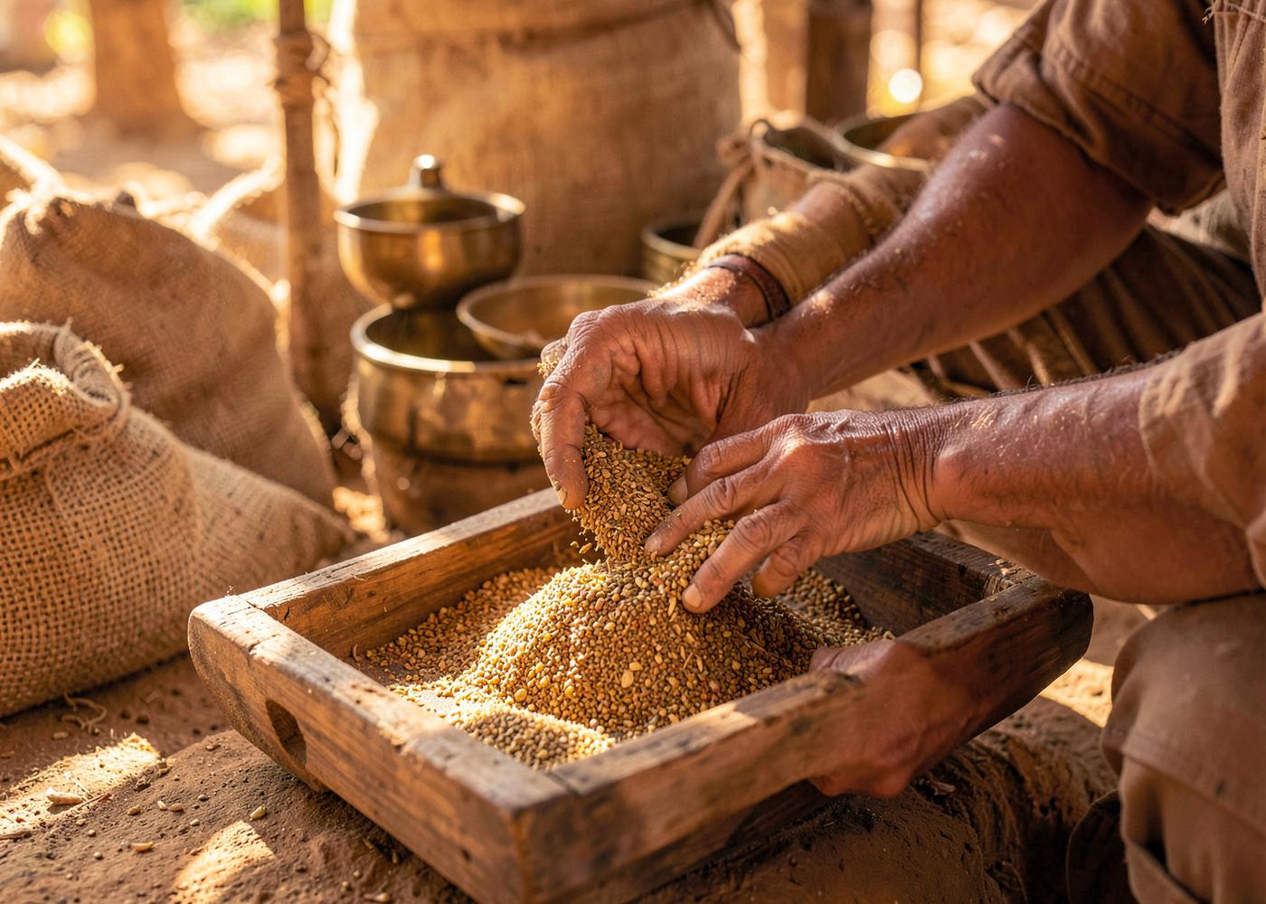 Hands sifting whole spices in a wooden tray